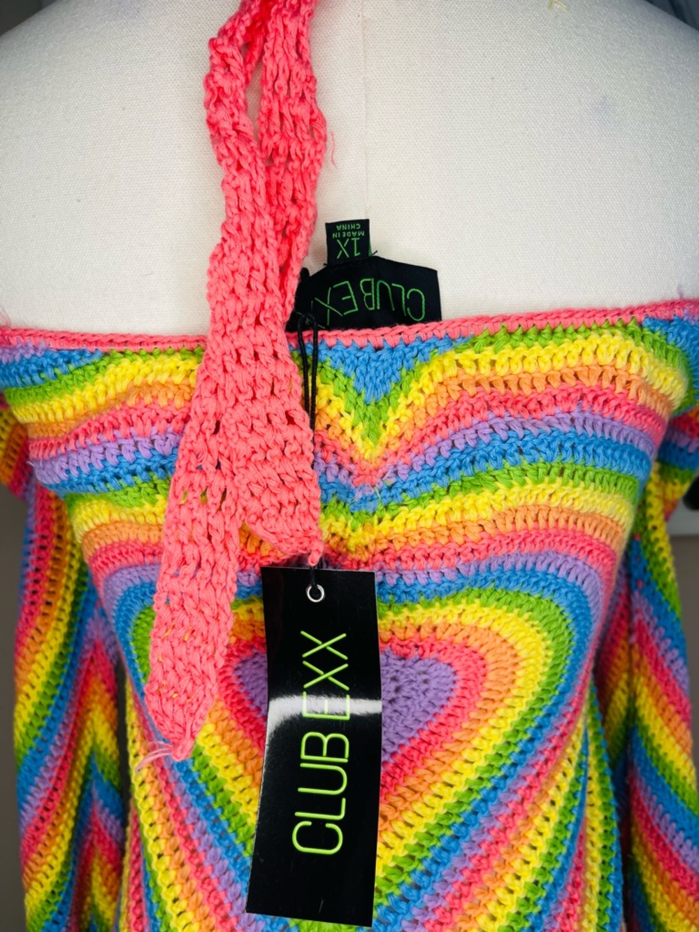 Club Exx DOLLS KILL Neon Rainbow Crochet Heart Dress 🦄 - Picture 4 of 6
